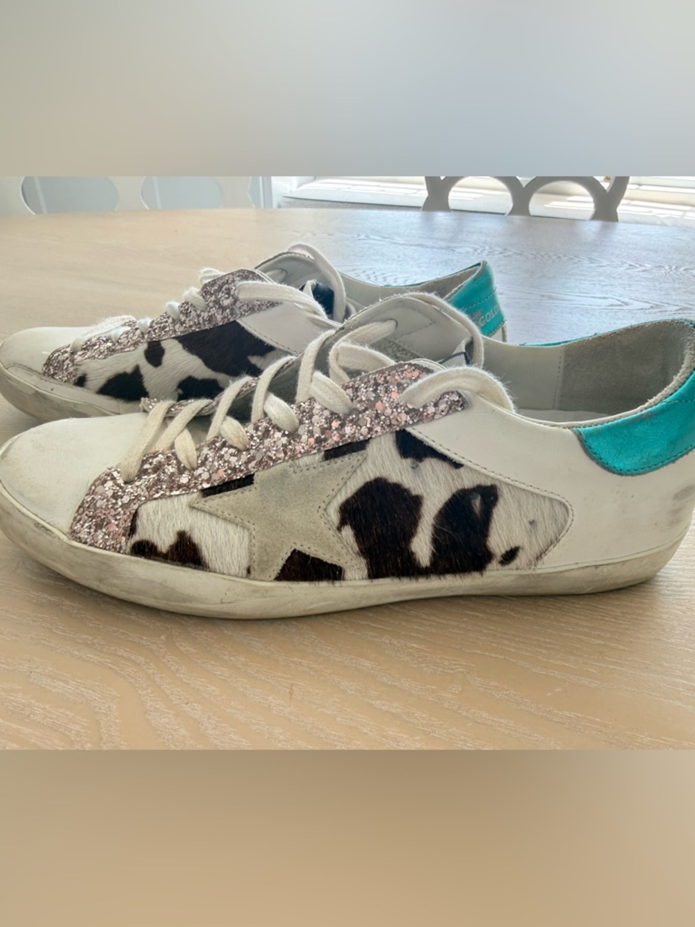 Golden Goose Superstars 39 Cow-Print Sneakers w Pink Glitter Trim and Teal Heel - Picture 4 of 8